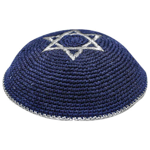 Blue knitted kippah with silver embroidered Star of David, 16 cm