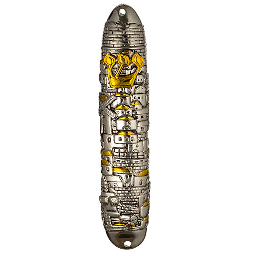 Silver and Gold plated Mezuzah Case With Jerusalem Design 18 cm 7"