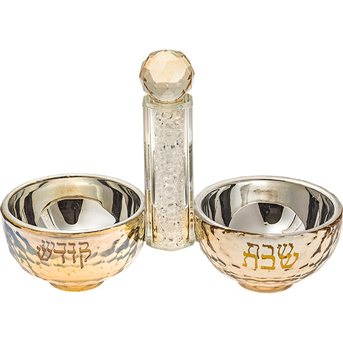 Crystal Shabbat salt and pepper dish with Hebrew Shabbat and Kodesh inscriptions – elegant Judaica tableware