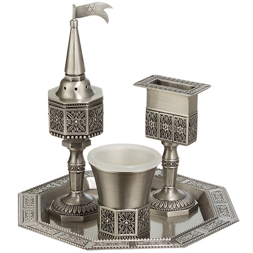 Nickel-plated Havdalah set including besamim tower, Kiddush cup, and candle holder