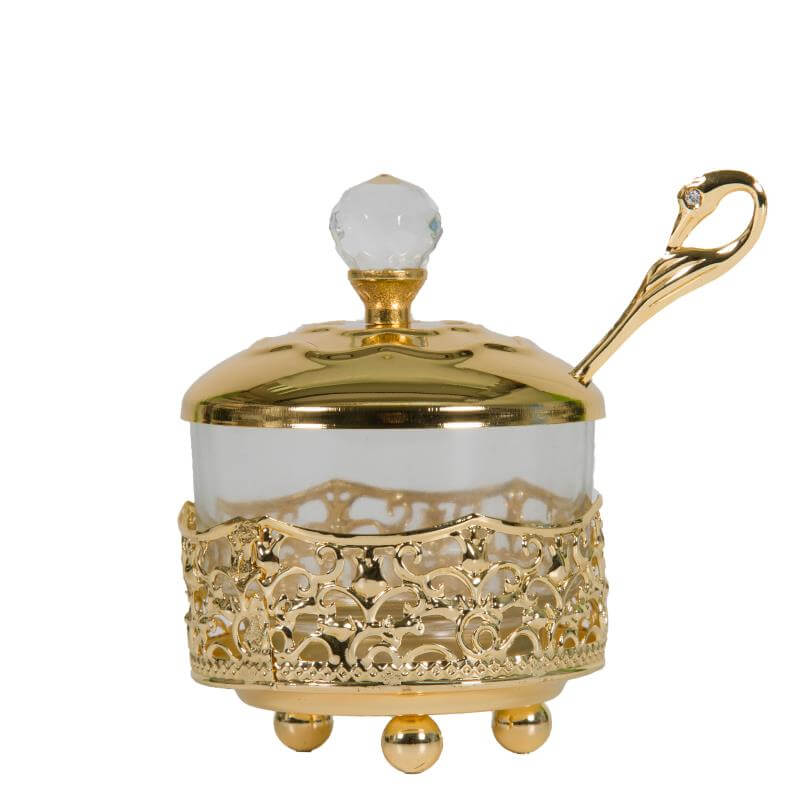 Glass honey dish with gold filigree and “Shana Tovah” inscription – Rosh Hashanah gift