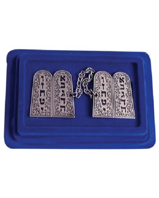 Nickel-plated tallit clips with Ten Commandments tablets and connecting chain.