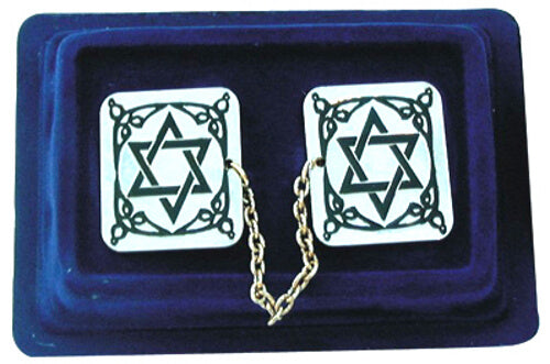 Nickel-plated tallit clips with Magen David design connected by chain, displayed on white background