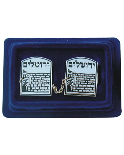 Nickel-plated tallit clips with Western Wall design connected by chain, displayed on white background