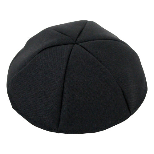 Black terylene kippah, 6-panel stitched design, 26 cm