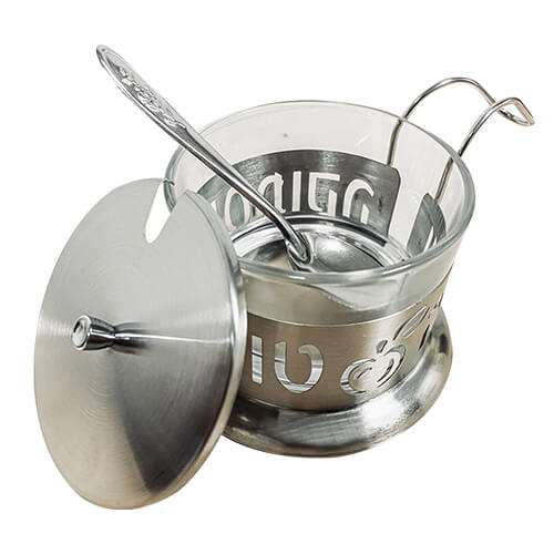 Glass Honey Dish with stainless steel laser cut housing – “Shana Tovah” Rosh Hashanah Gift