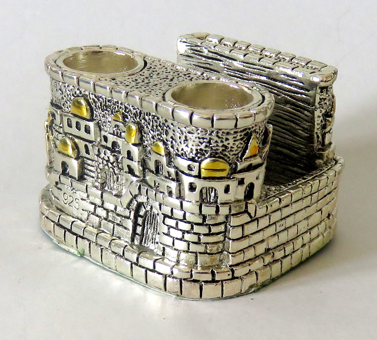 Travel Shabbat candlesticks with Jerusalem design and matchbox holder