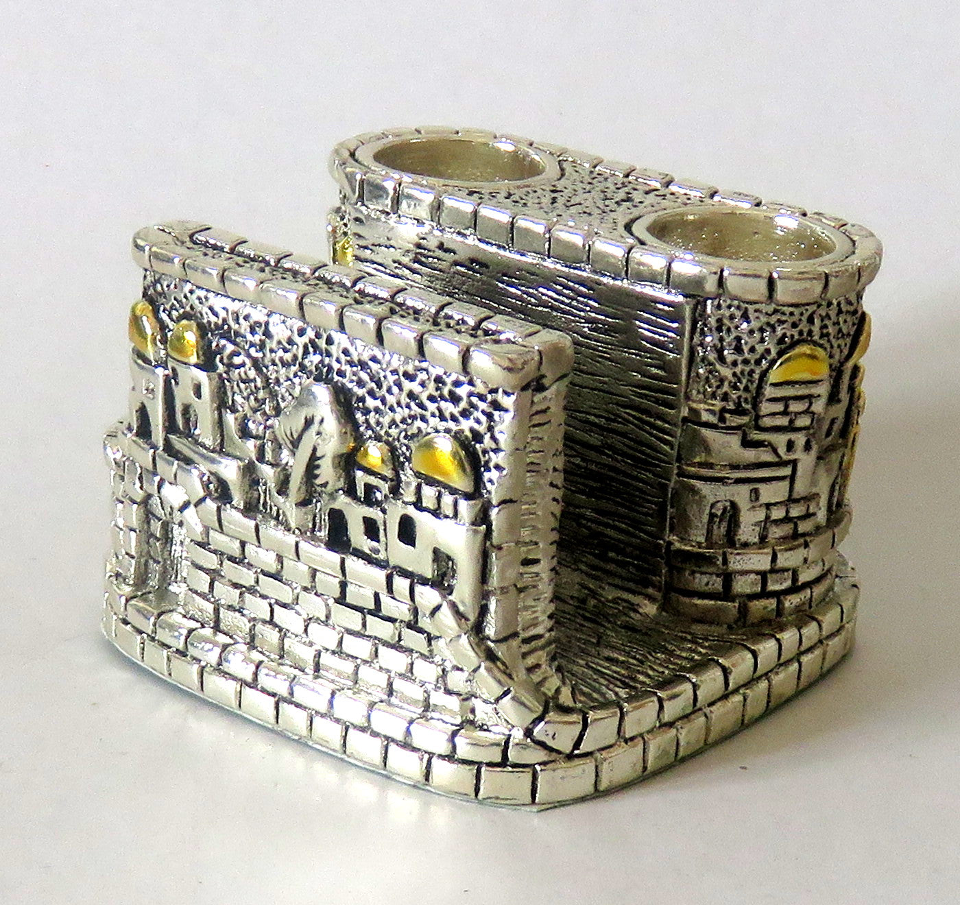 Compact travel Judaica candlesticks with Jerusalem motif