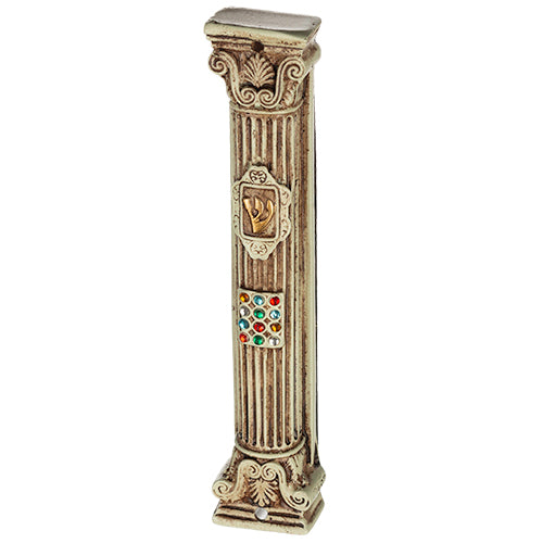 16 cm Polyresin Mezuzah case with gold Shin and Hoshen stones – Judaica doorway decor